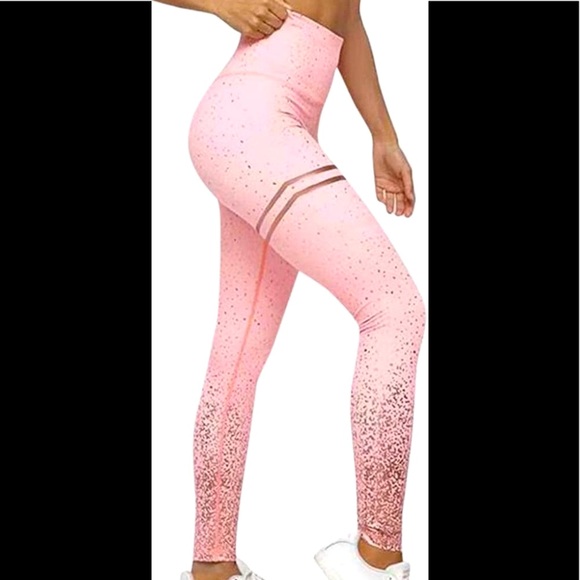 Pink High Waist Leggings With Gold Flake athletic Workout Yoga Tights Trousers - Picture 11 of 12